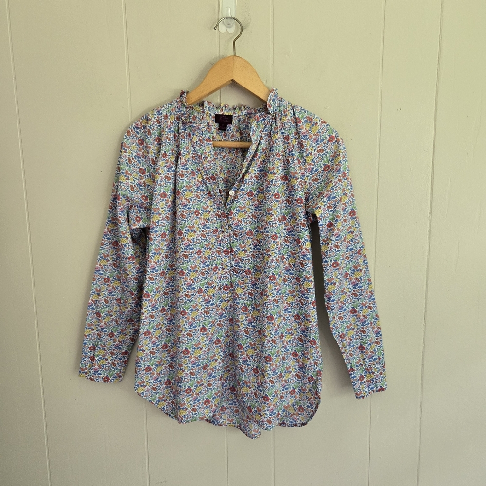 J. Crew × Liberty London Floral Popover Blouse Size 0 Ruffle Neck Cotton L6743